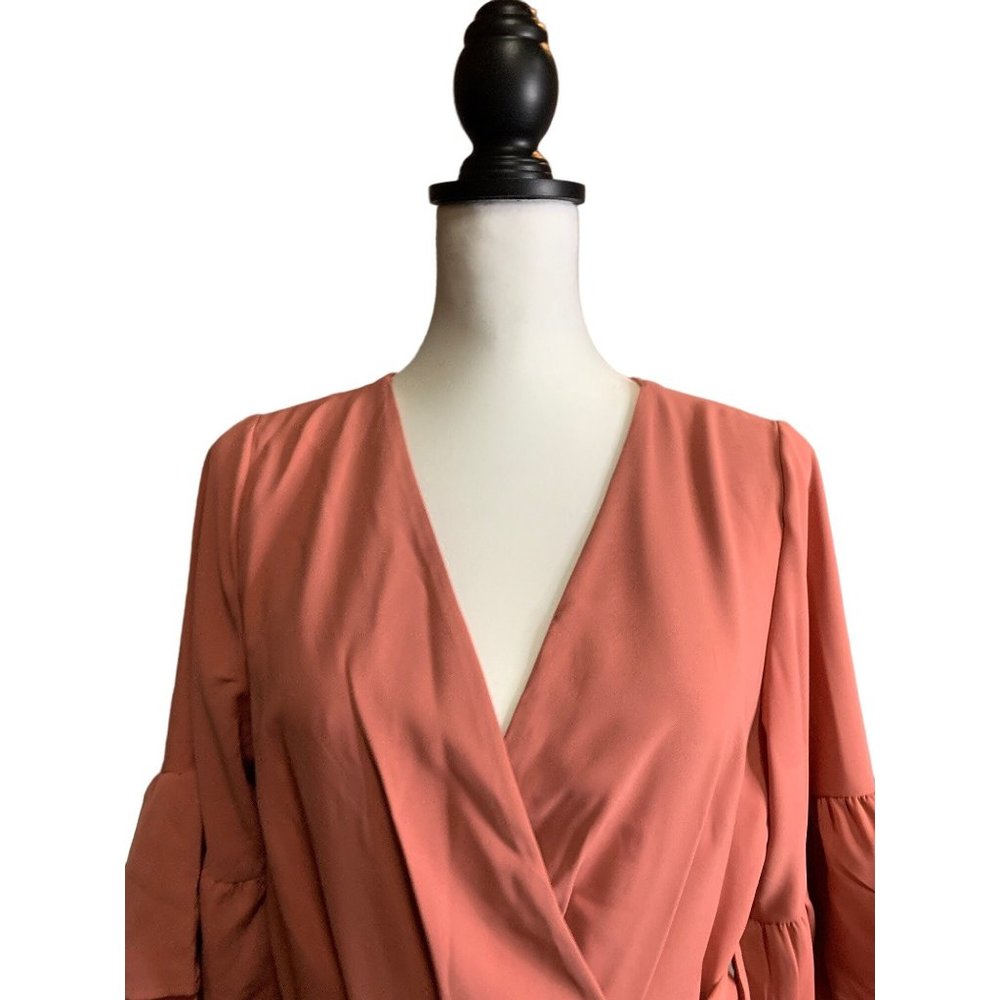 NWT Women's Dress Deep V-Neck Bell Sleeve Waist Wrap Tie Swing Mini Dresses - Picture 4 of 14
